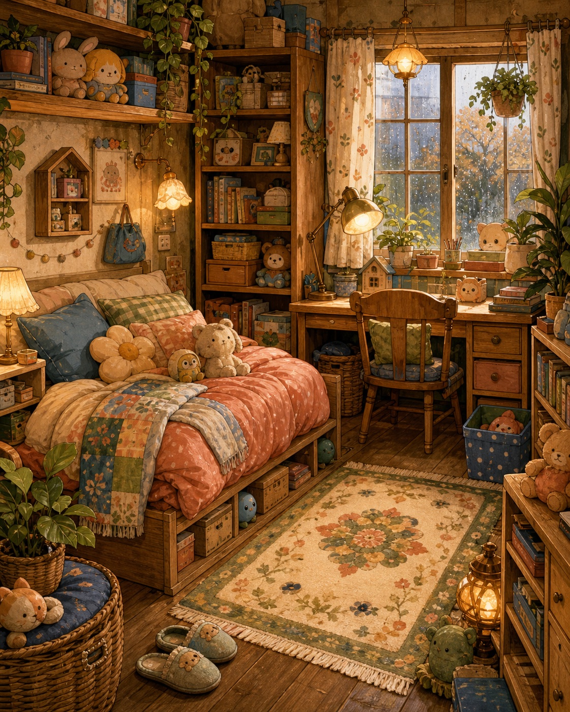 A detailed cozy bedroom hiding-object scene